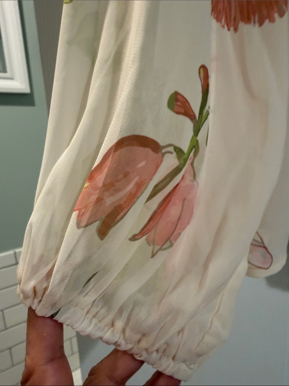 Petal & Pup Sheer Floral Button-Front Blouse in Cream, Pink & Green - Picture 3 of 11